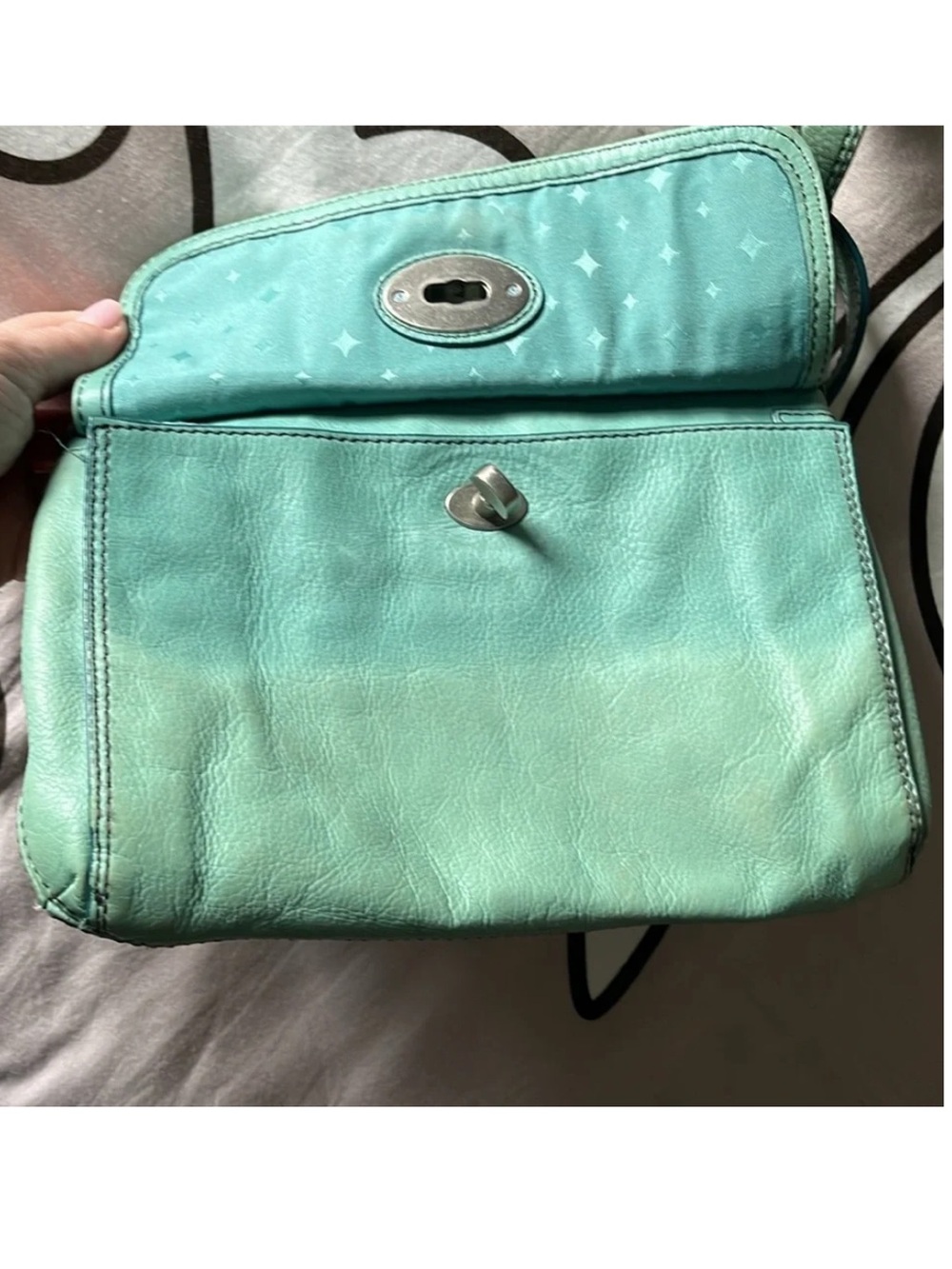 Fossil Seafoam Aqua Cowhide Leather Crossbody Shoulder Bag Purse Twist Lock - Picture 5 of 16